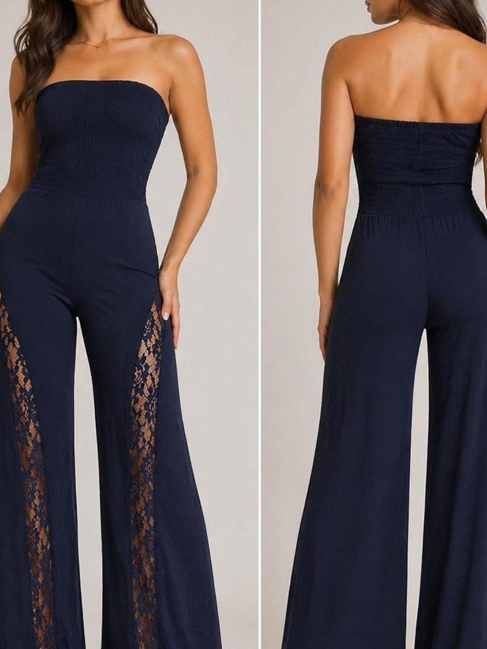 VENUS Navy Strapless Wide-Leg Lace-Panel Jumpsuit
